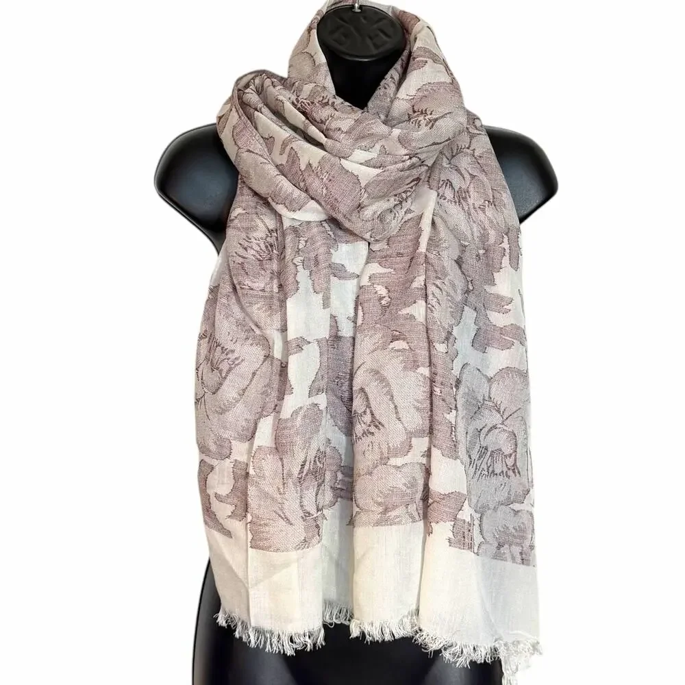 VTG 100% Pashmina Floral Damask Burnout Scarf Wrap Shawl Mauve Pink Cream Fringe